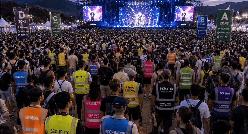 staff-wearing-different-color-reflective-vest-at-music-festival